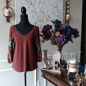 NWOT Brown Embroidered V-Neck Blouse by Cato. Size S